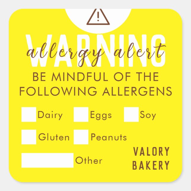 Adesivo Quadrado Alerta de Alergia Alimentar em Padaria Segurança A (Frente)