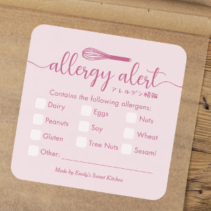 Adesivo Quadrado Alerta de Alergia Aviso de Alergênico Pink Whisk