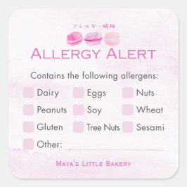 Adesivo Quadrado Alerta de Alergia da Padaria de Macaron Rosa