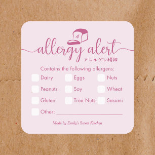 Adesivo Quadrado Alerta de Alergia Minimalista Padaria Rosa Pão