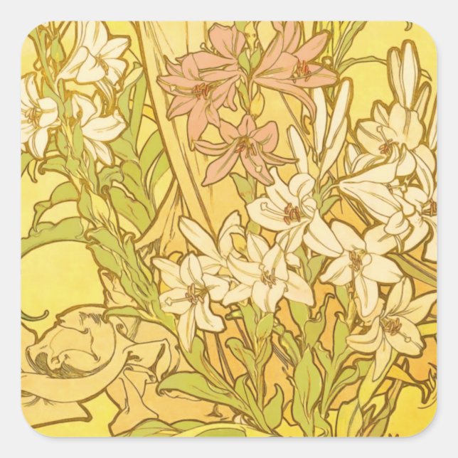 Adesivo Quadrado Alfonse Mucha Art Nouveau Lily Flores (Frente)