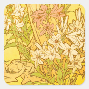 Adesivo Quadrado Alfonse Mucha Art Nouveau Lily Flores