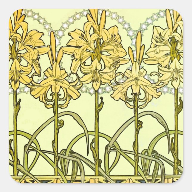 Adesivo Quadrado Alfonse Mucha Art Nouveau Lily Padrão Floral (Frente)