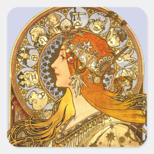 Adesivo Quadrado Alfonse Mucha Zodiac Art Nouveau Mulher