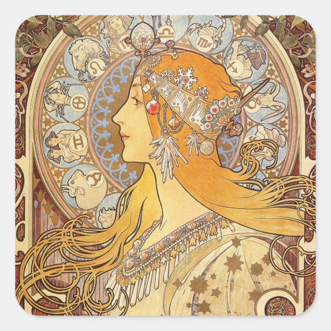 Adesivo Quadrado Alfonse Mucha Zodiac Art Nouveau Mulher (Frente)