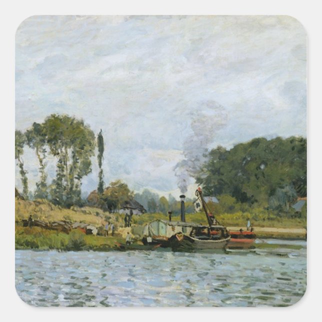 Adesivo Quadrado Alfred Sisley | Barcos na eclusa de Bougala (Frente)