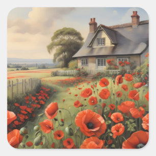 Adesivo Quadrado Algodão com cerca de piquete e prado vermelho