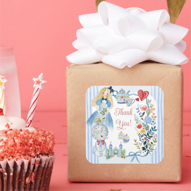 Adesivo Quadrado Alice Encantada no Jardim das Maravilhas Obrigado (Festa)