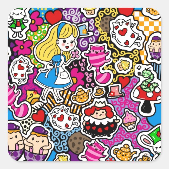 Adesivo Quadrado Alice Wonderland Mad Hatter Cat Doodle Art de Leah (Frente)