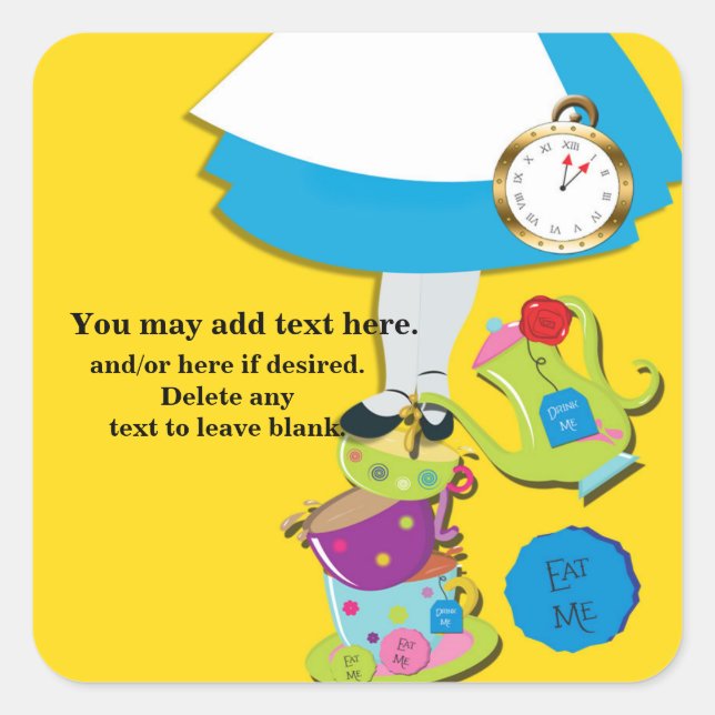 Adesivo Quadrado Alice Wonderland Whimsical Tea Cups Yellow Party (Frente)