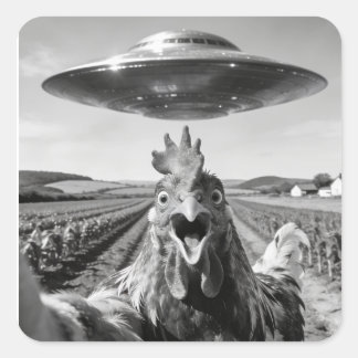 Adesivo Quadrado Alien UFO Chicken Art Abduction SciFi Humor