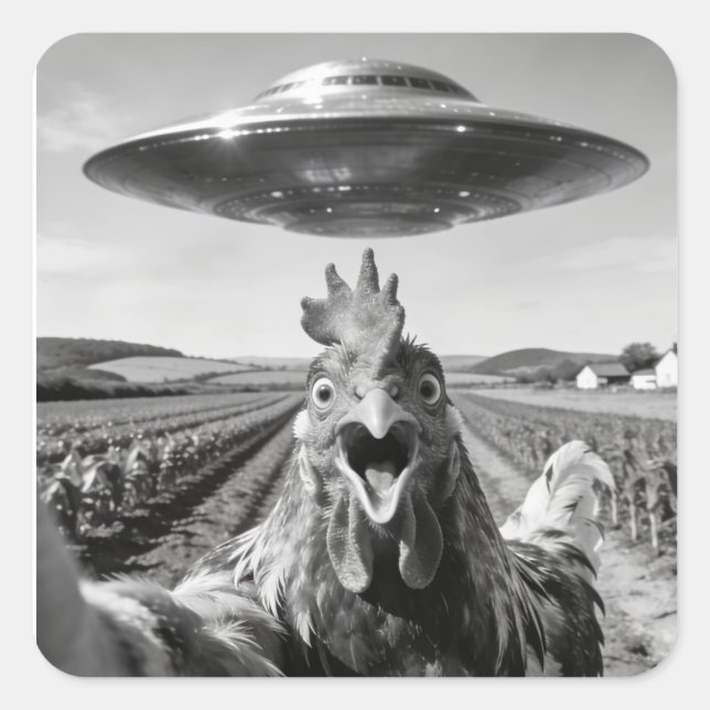 Adesivo Quadrado Alien UFO Chicken Art Abduction SciFi Humor (Frente)