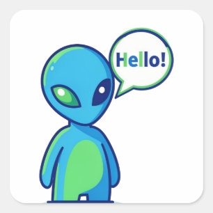 Adesivo Quadrado Alienígena Azul Fofo Dizendo Olá
