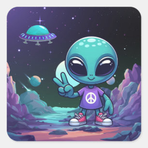 Adesivo Quadrado Alienígena de paz e nave espacial