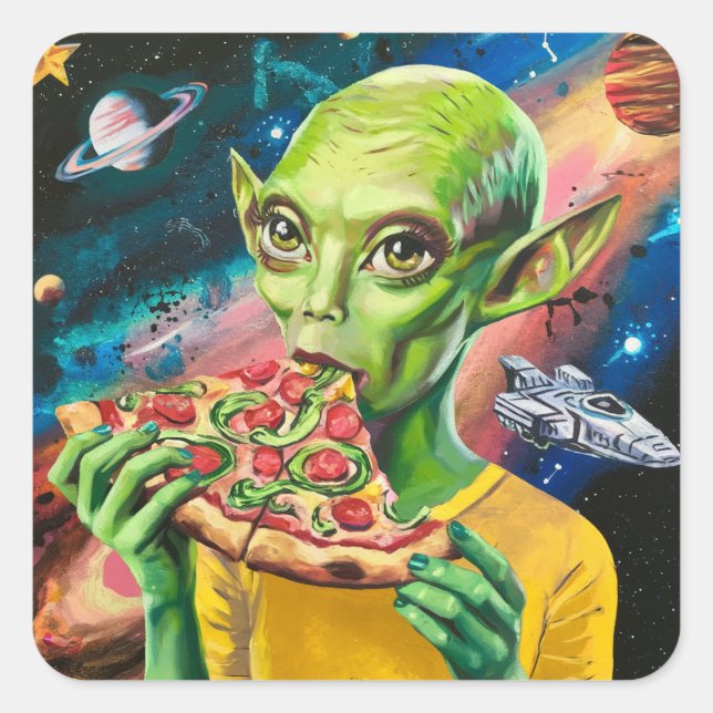 Adesivo Quadrado Alienígena engraçada na Pizza de Comida Espacial (Frente)
