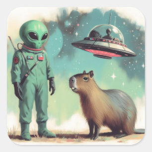 Adesivo Quadrado Alienígena espacial e Ilustração de OVNI Retro Cap