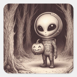 Adesivo Quadrado Alienígena Espacial Halloween com Jack-O-Lantern