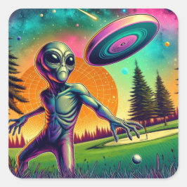 Adesivo Quadrado Alienígena Jogando Golf de Disco