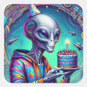 Adesivo Quadrado Alienígena segurando Bolo de Aniversário