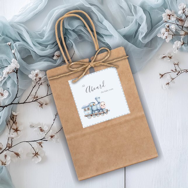 Adesivo Quadrado All Aboard the Baby Train Blue Baby Shower Sticker (Criador carregado)