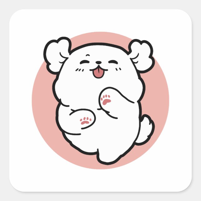 Adesivo Quadrado Alô! - Design de Cartoon Feliz de Cachorro Branco (Frente)