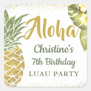 Adesivo Quadrado Aloha, Aniversário do Abacaxi Tropical Dourada