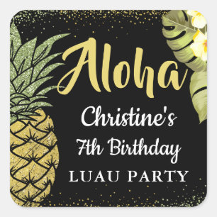 Adesivo Quadrado Aloha Black Dourado Glitter Pineapple Floral Birda