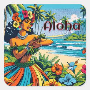 Adesivo Quadrado Aloha   Dançarino Hawaii Hula na praia