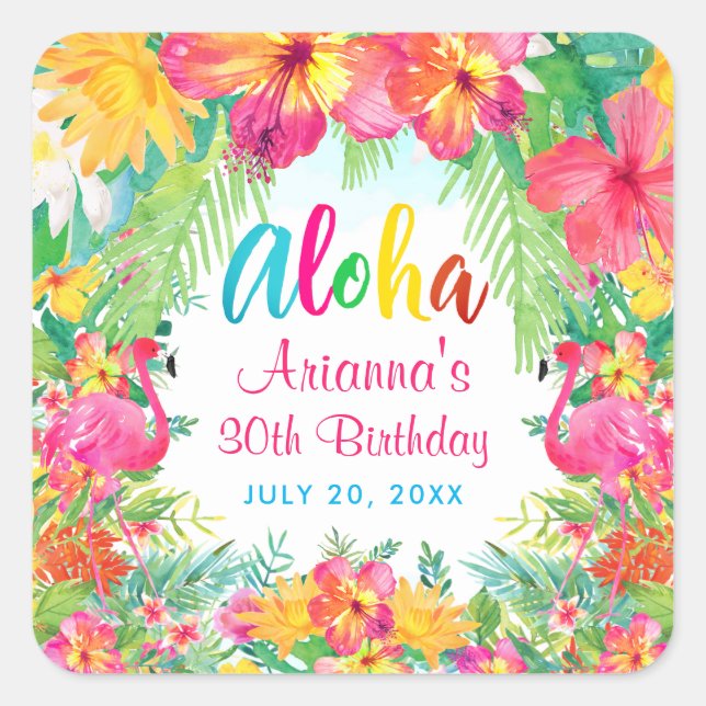 Adesivo Quadrado Aloha Luau Tropical Flamingo Birthday (Frente)