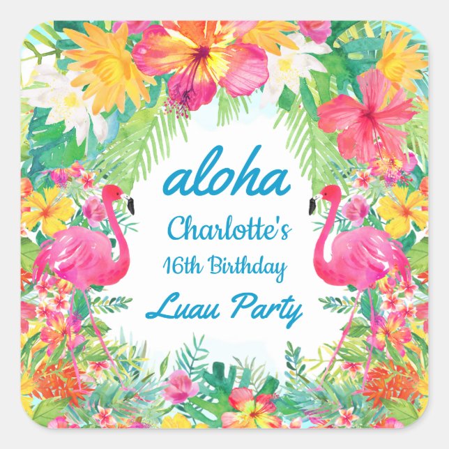 Adesivo Quadrado Aloha Luau Tropical Flamingo Birthday Blue (Frente)