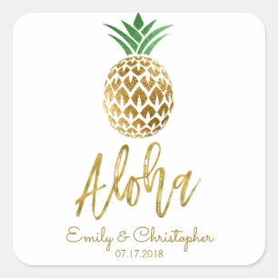 Adesivo Quadrado Aloha Tropical Havaiana Casamento de Abacaxi Branc