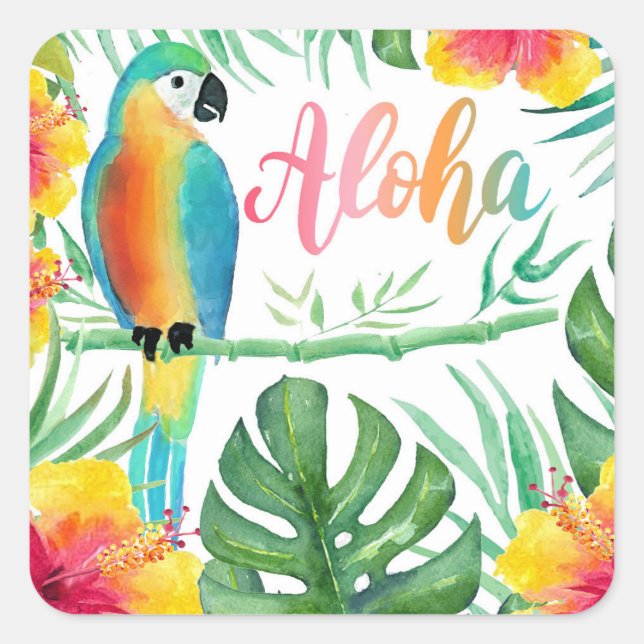 Adesivo Quadrado Aloha Tropical Parrot Hibiscus Palms (Frente)