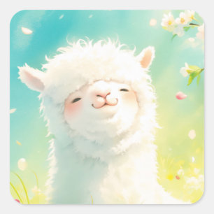 Adesivo Quadrado Alpaca se Deliciando nos Florescentes Florais