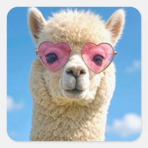 Adesivo Quadrado Alpaca Usando Óculos de Coração Cor-de-Rosa