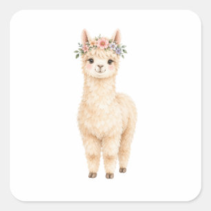 Adesivo Quadrado Alpaca Usando uma Coroa de Flores