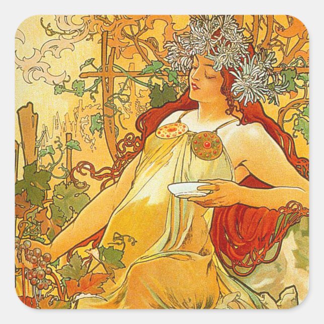 Adesivo Quadrado Alphonse Mucha Art Nouveau Autumn (Frente)