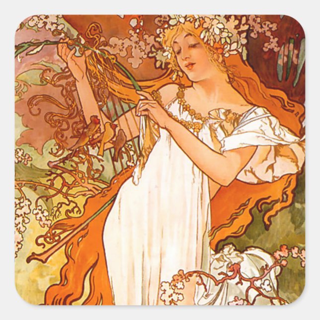 Adesivo Quadrado Alphonse Mucha Art Nouveau Primavera (Frente)