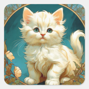 Adesivo Quadrado Alphonse Mucha Art Nouveau White Cat