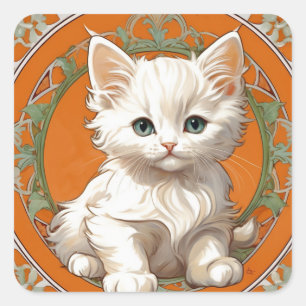 Adesivo Quadrado Alphonse Mucha Art Nouveau White Kitten