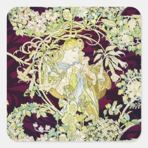 Adesivo Quadrado Alphonse Mucha Mulher com Margarida Art Nouveau Ar