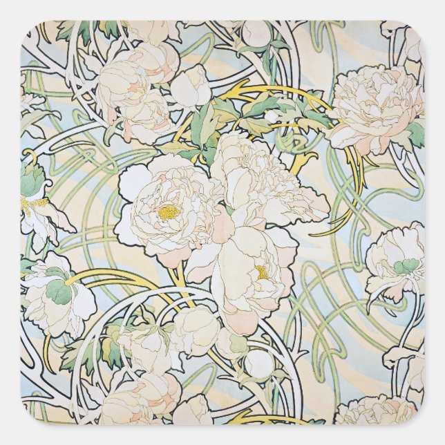 Adesivo Quadrado Alphonse Mucha Peonies (Frente)