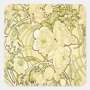 Adesivo Quadrado Alphonse Mucha Peonies Padrão Floral Art Nouveau