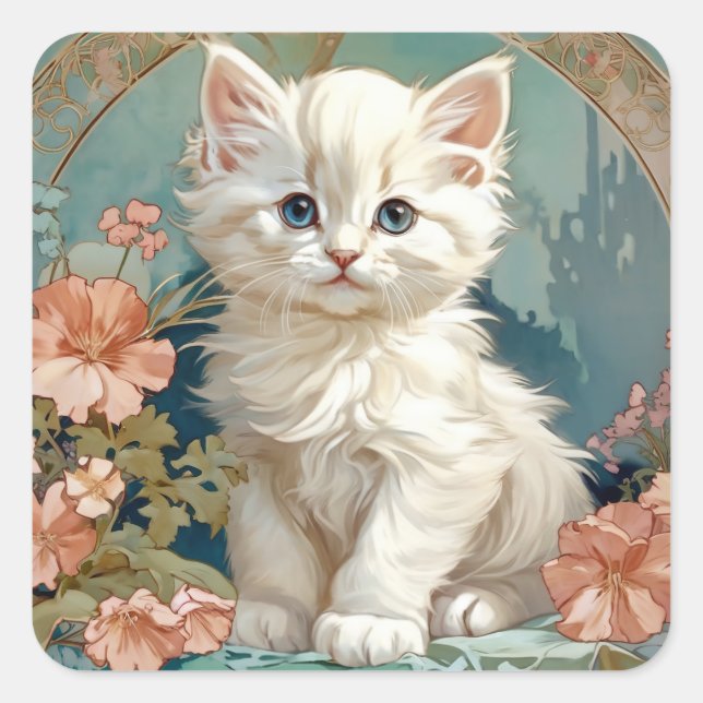 Adesivo Quadrado Alphonse Mucha Style White Cat (Frente)
