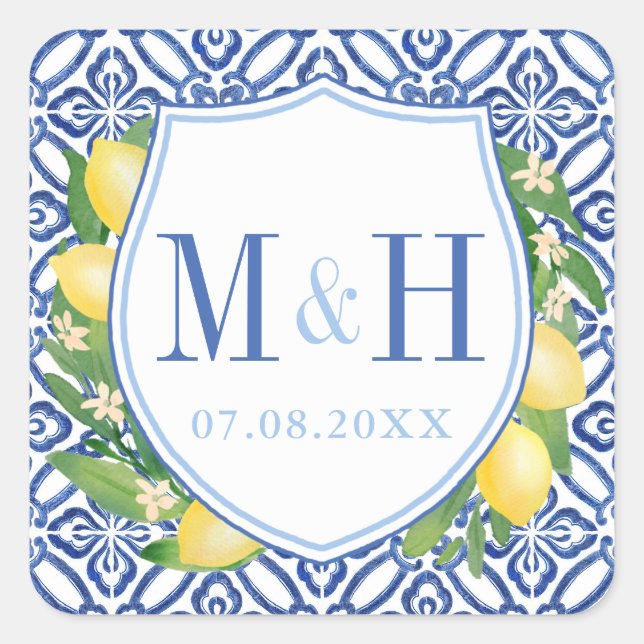 Adesivo Quadrado Amalfi Lemons Azulejos Azuis Logotipo de Casamento (Frente)