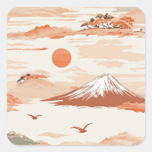 Adesivo Quadrado Amanhecer Golden Dawn Sobre o Monte Fuji – Aquarel