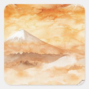 Adesivo Quadrado Amanhecer Golden Dawn Sobre o Monte Fuji – Aquarel