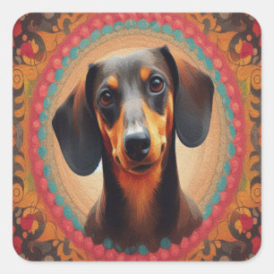 Adesivo Quadrado Amante de Cão de Dachshund Cortado de Fronteira Re