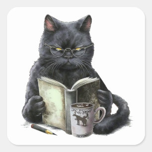 Adesivo Quadrado Amante de Livros Gato Preto Verme de Livros Café L