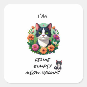 Adesivo Quadrado Amantes de gatos floral Gato Tuxedo