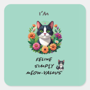 Adesivo Quadrado Amantes de gatos floral Gato Tuxedo